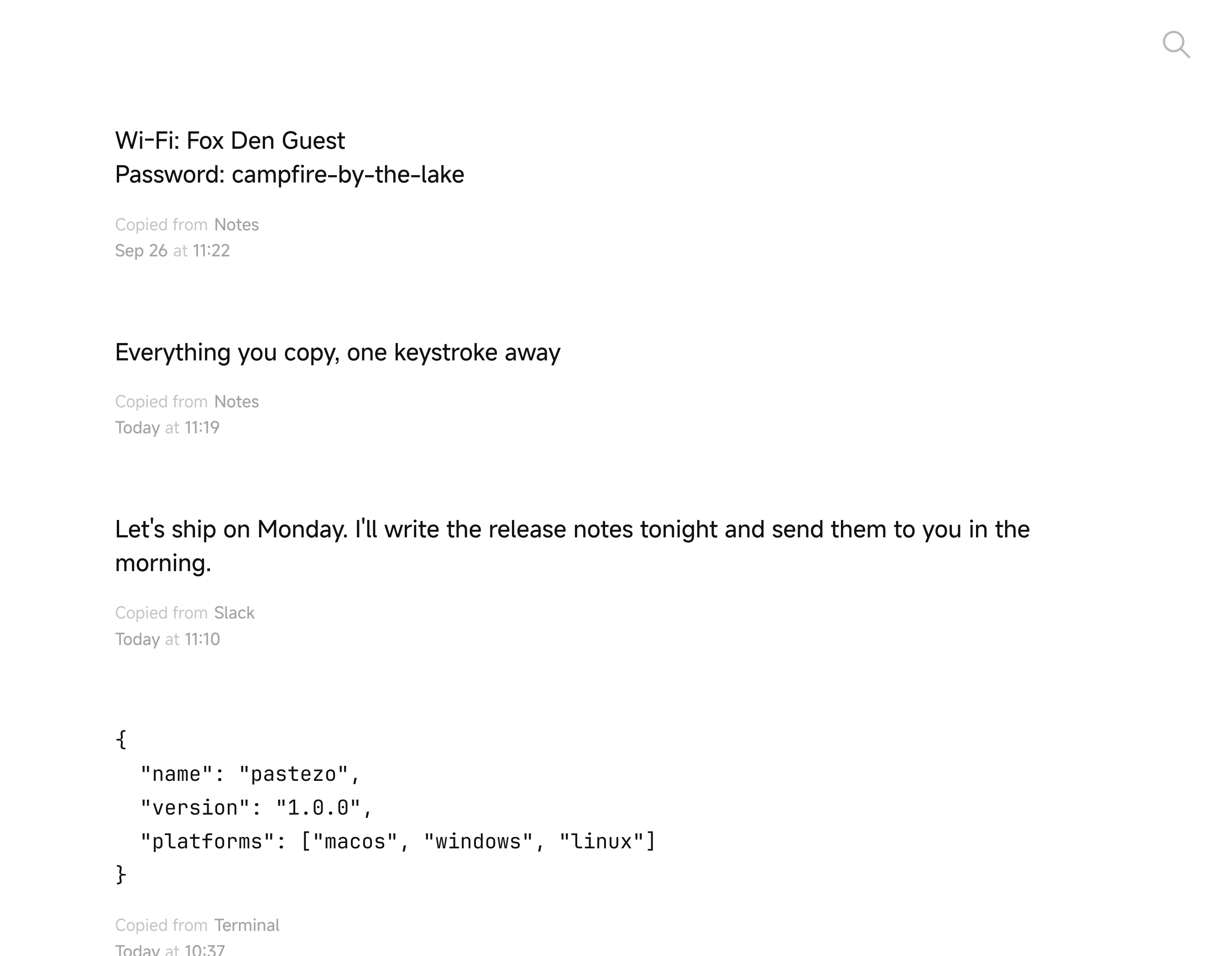 Pastezo window with the clipboard history: a pinned Wi-Fi password, a note, a Slack message and a JSON snippet
