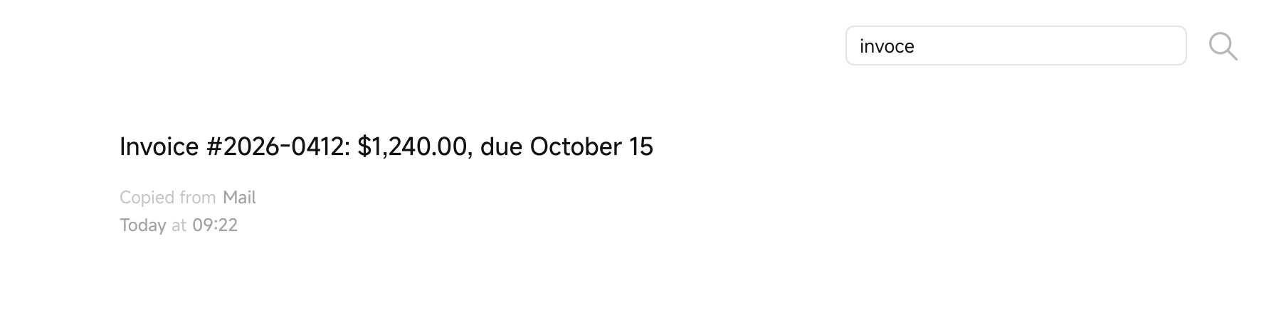 Searching for “invoce” finds the invoice