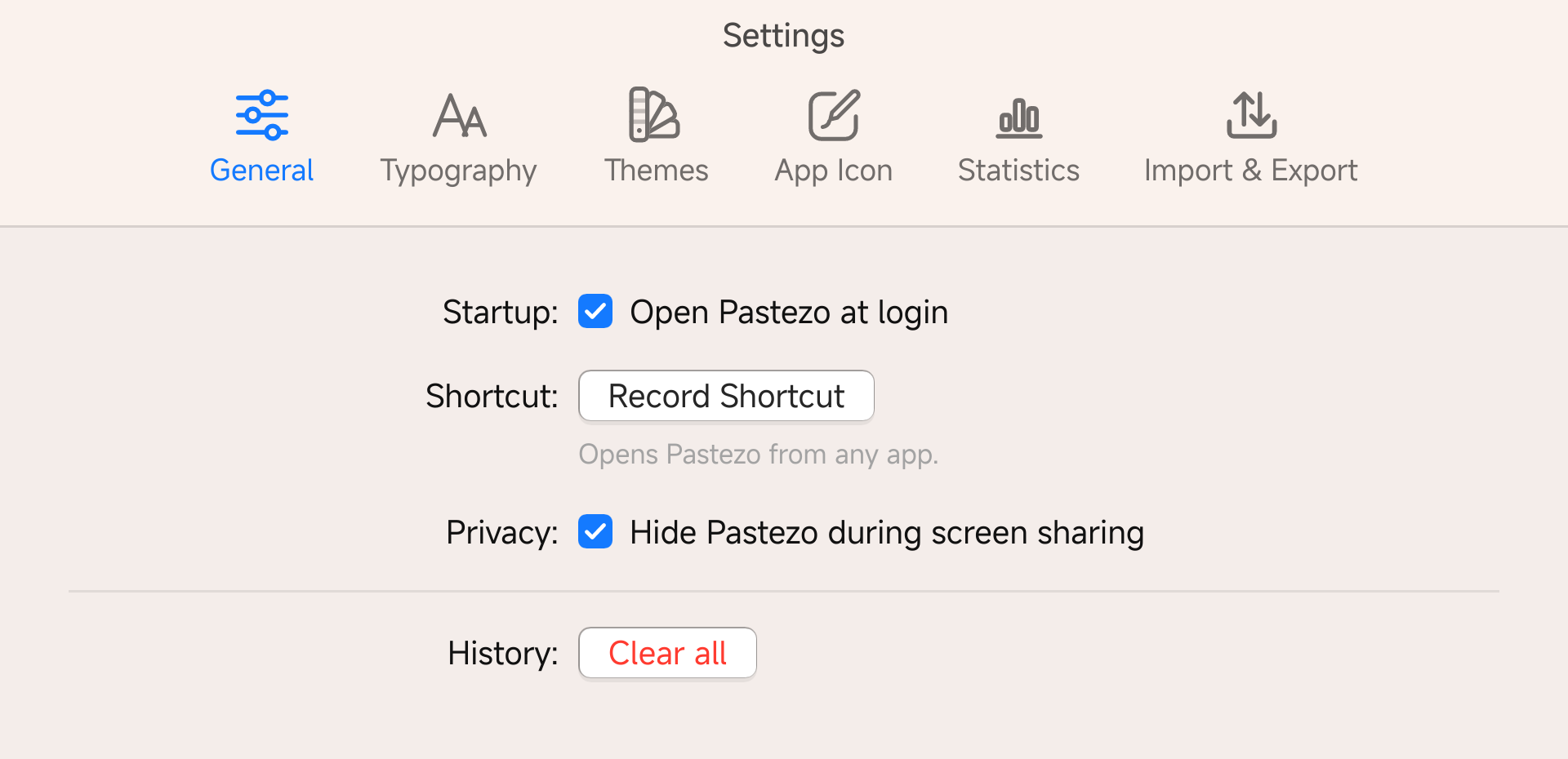 Pastezo settings with “Hide Pastezo during screen sharing” turned on