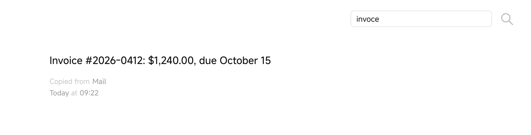 Searching for “invoce” finds the invoice
