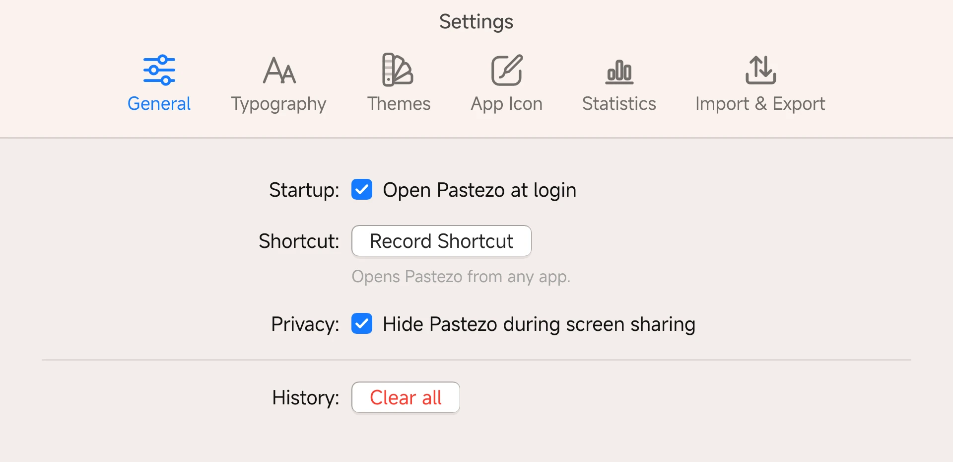 Pastezo settings with “Hide Pastezo during screen sharing” turned on